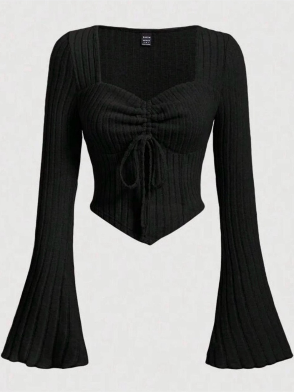 SHEIN Black Ribbed Drawstring Point-Hem Sweater